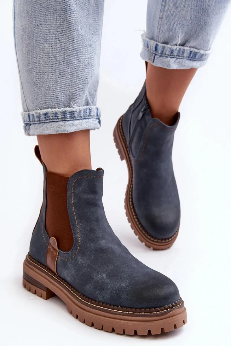 Hot Evento Ocieplane Damskie Botki Sztyblety Na Płaskim Obcasie Niebieskie Myrine