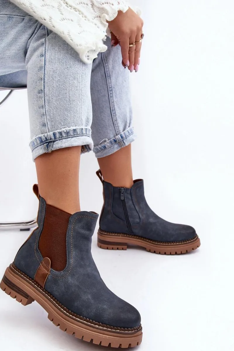 Hot Evento Ocieplane Damskie Botki Sztyblety Na Płaskim Obcasie Niebieskie Myrine