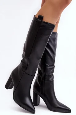 Sale Ocieplane Damskie Kozaki Przed Kolano Na Słupku Czarne Genzani Damskie Kozaki Przed Kolano|Kozaki Na Obcasie