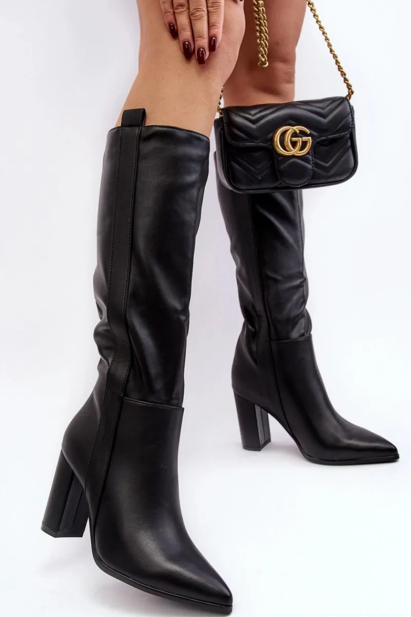 Sale Ocieplane Damskie Kozaki Przed Kolano Na Słupku Czarne Genzani Damskie Kozaki Przed Kolano|Kozaki Na Obcasie