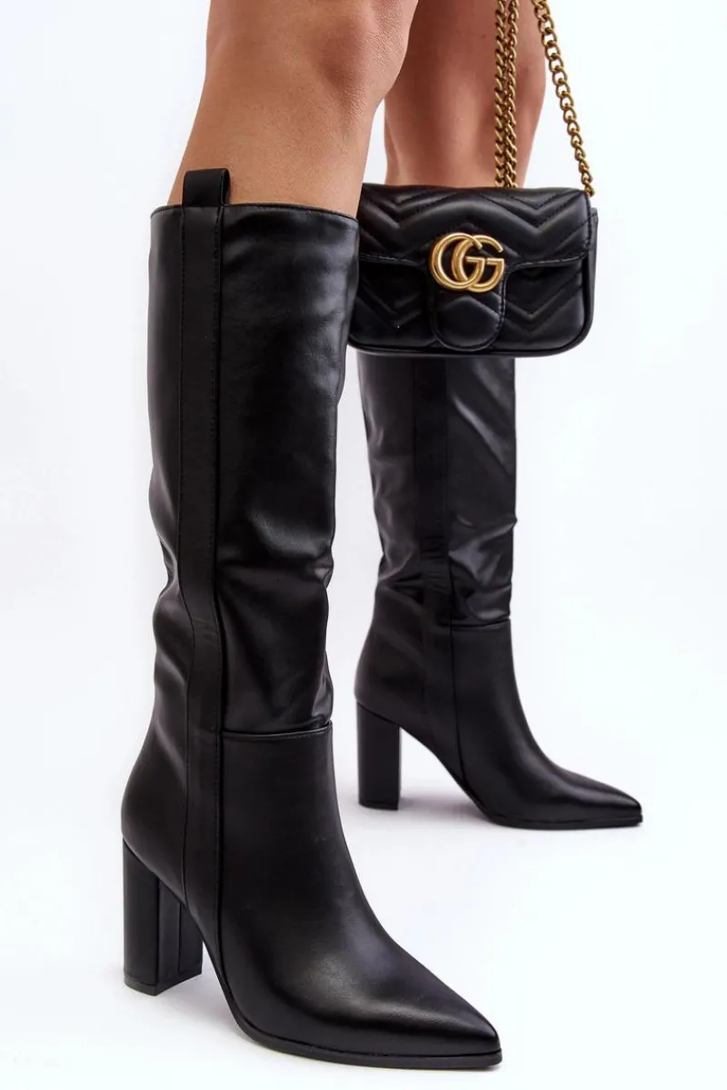 Sale Ocieplane Damskie Kozaki Przed Kolano Na Słupku Czarne Genzani Damskie Kozaki Przed Kolano|Kozaki Na Obcasie