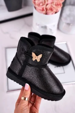 Dziewczęce>Boto Ocieplane dziecięce botki śniegowce z motylkiem czarne Cosmic