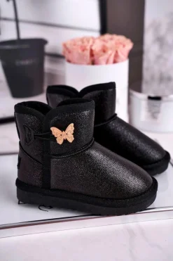 Dziewczęce>Boto Ocieplane dziecięce botki śniegowce z motylkiem czarne Cosmic