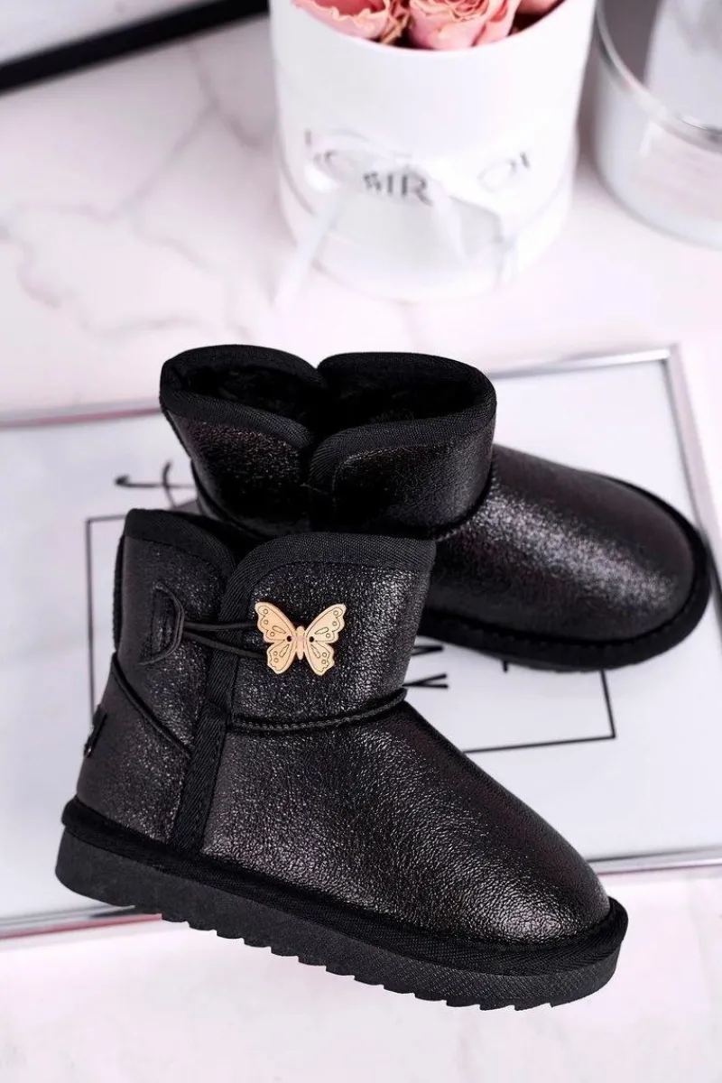 Dziewczęce>Boto Ocieplane dziecięce botki śniegowce z motylkiem czarne Cosmic