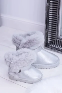 Discount Boto Ocieplane Dziecięce Botki Śniegowce Z Futerkiem Srebrne JellyBeans