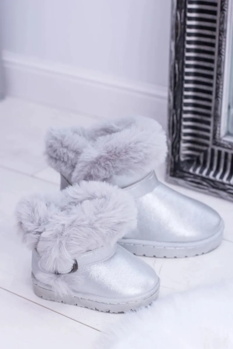 Discount Boto Ocieplane Dziecięce Botki Śniegowce Z Futerkiem Srebrne JellyBeans