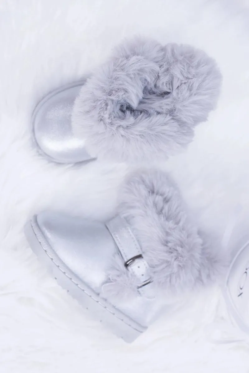 Discount Boto Ocieplane Dziecięce Botki Śniegowce Z Futerkiem Srebrne JellyBeans