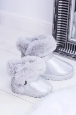 Discount Boto Ocieplane Dziecięce Botki Śniegowce Z Futerkiem Srebrne JellyBeans