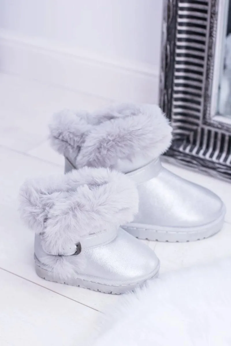 Discount Boto Ocieplane Dziecięce Botki Śniegowce Z Futerkiem Srebrne JellyBeans