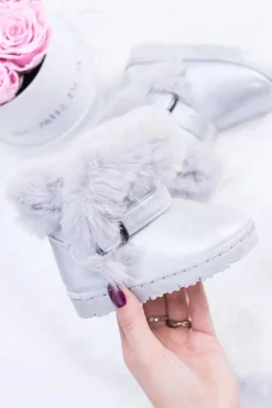 Discount Boto Ocieplane Dziecięce Botki Śniegowce Z Futerkiem Srebrne JellyBeans