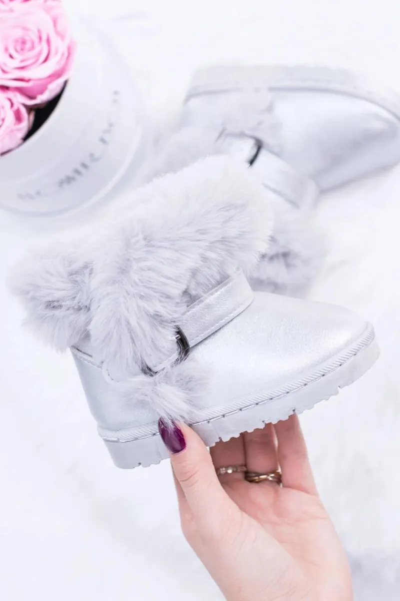 Discount Boto Ocieplane Dziecięce Botki Śniegowce Z Futerkiem Srebrne JellyBeans