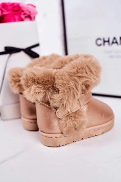 Clearance Boto Ocieplane Dziecięce Botki Śniegowce Z Futerkiem Różowe Złoto JellyBeans