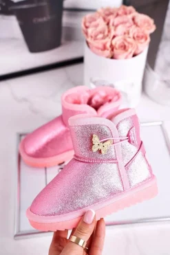 Clearance Ocieplane dziecięce botki śniegowce z motylkiem różowe Cosmic Dzieci Dziewczęce