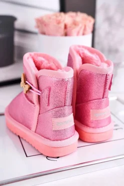 Clearance Ocieplane dziecięce botki śniegowce z motylkiem różowe Cosmic Dzieci Dziewczęce