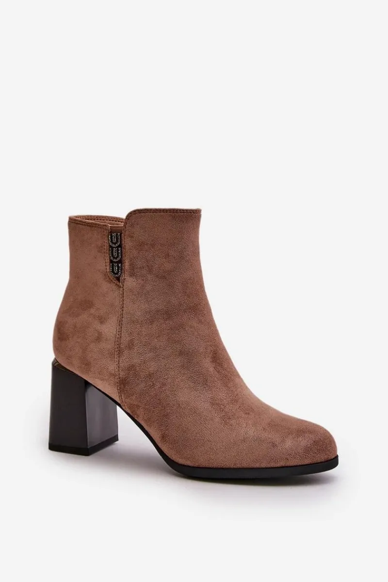 Outlet Ocieplane Eko Zamszowe Botki Damskie Na Słupku Zapinane Na Zamek Brązowe Erillia Damskie Botki Ocieplane|Botki Na Słupku