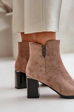 Outlet Ocieplane Eko Zamszowe Botki Damskie Na Słupku Zapinane Na Zamek Brązowe Erillia Damskie Botki Ocieplane|Botki Na Słupku