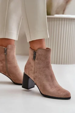 Outlet Ocieplane Eko Zamszowe Botki Damskie Na Słupku Zapinane Na Zamek Brązowe Erillia Damskie Botki Ocieplane|Botki Na Słupku