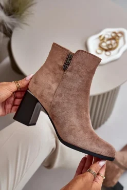 Outlet Ocieplane Eko Zamszowe Botki Damskie Na Słupku Zapinane Na Zamek Brązowe Erillia Damskie Botki Ocieplane|Botki Na Słupku