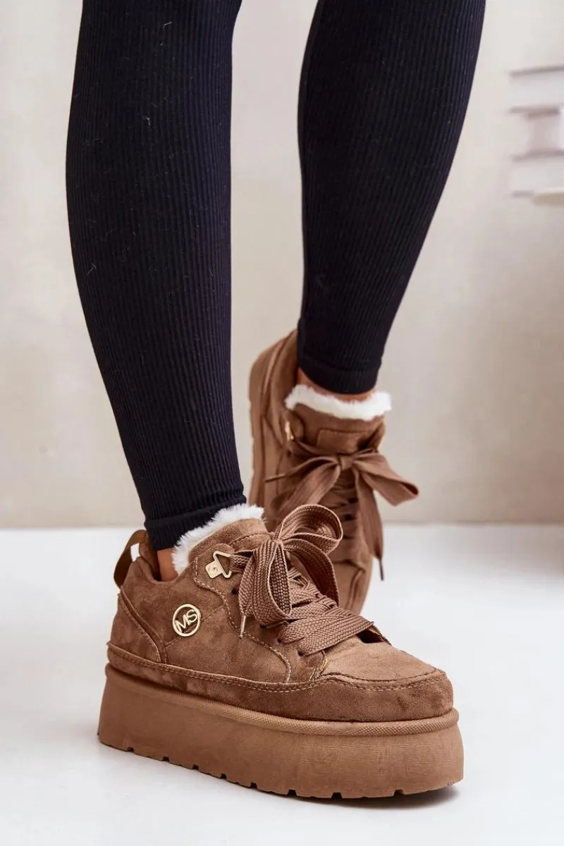 Sneakersy Damskie>Boto Ocieplane Futerkiem Sneakersy Damskie Na Platformie Brązowe Velarisea