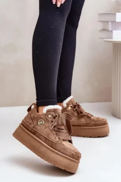 Sneakersy Damskie>Boto Ocieplane Futerkiem Sneakersy Damskie Na Platformie Brązowe Velarisea