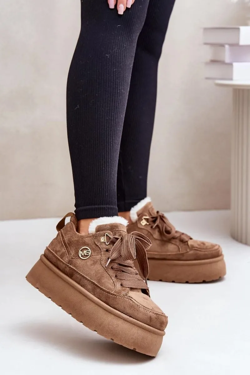 Sneakersy Damskie>Boto Ocieplane Futerkiem Sneakersy Damskie Na Platformie Brązowe Velarisea