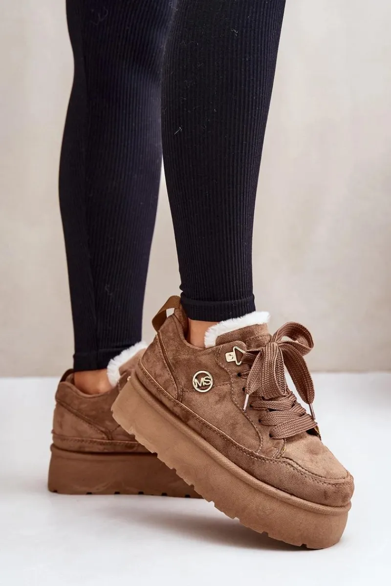 Sneakersy Damskie>Boto Ocieplane Futerkiem Sneakersy Damskie Na Platformie Brązowe Velarisea