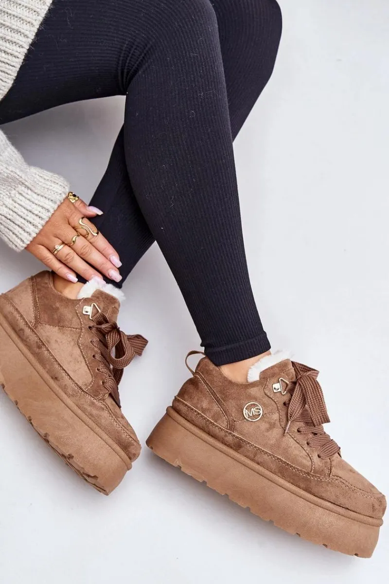 Sneakersy Damskie>Boto Ocieplane Futerkiem Sneakersy Damskie Na Platformie Brązowe Velarisea