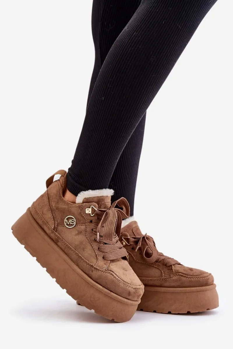 Sneakersy Damskie>Boto Ocieplane Futerkiem Sneakersy Damskie Na Platformie Brązowe Velarisea