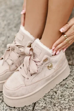 Sale Ocieplane Futerkiem Sneakersy Damskie Na Platformie Beżowe Velarisea Damskie Sneakersy Damskie