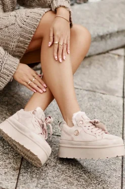 Sale Ocieplane Futerkiem Sneakersy Damskie Na Platformie Beżowe Velarisea Damskie Sneakersy Damskie