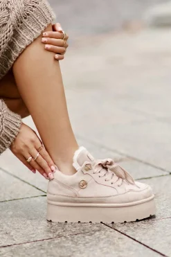 Sale Ocieplane Futerkiem Sneakersy Damskie Na Platformie Beżowe Velarisea Damskie Sneakersy Damskie