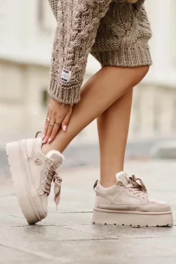 Sale Ocieplane Futerkiem Sneakersy Damskie Na Platformie Beżowe Velarisea Damskie Sneakersy Damskie
