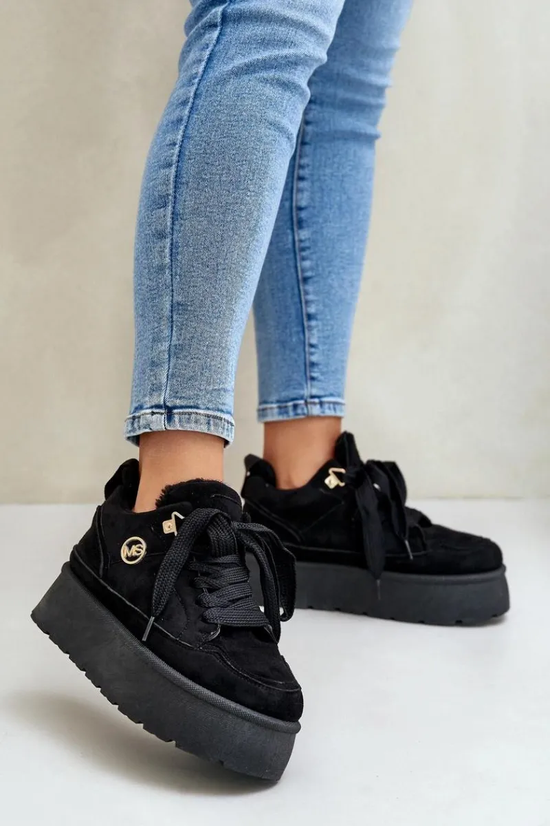 Outlet Boto Ocieplane Futerkiem Sneakersy Damskie Na Platformie Czarne Velarisea