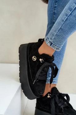 Outlet Boto Ocieplane Futerkiem Sneakersy Damskie Na Platformie Czarne Velarisea