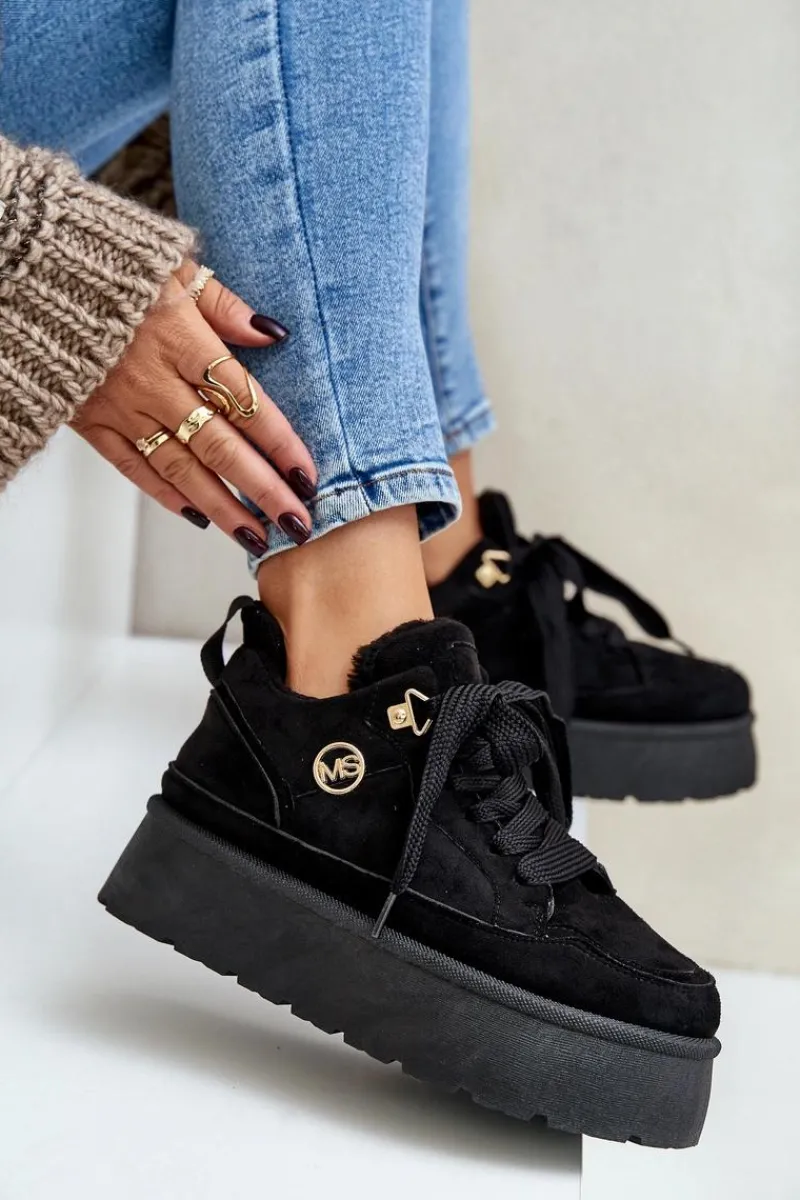 Outlet Boto Ocieplane Futerkiem Sneakersy Damskie Na Platformie Czarne Velarisea