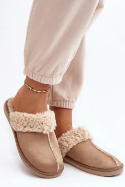 New Ocieplane Kapcie Damskie EK000010 Beżowe Damskie Kapcie Klasyczne|Klapki Damskie Klasyczne