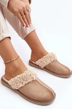 New Ocieplane Kapcie Damskie EK000010 Beżowe Damskie Kapcie Klasyczne|Klapki Damskie Klasyczne