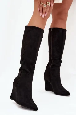 Boto Ocieplane Kozaki Damskie Na Koturnie Czarne Rosina Czarny