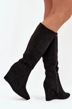 Boto Ocieplane Kozaki Damskie Na Koturnie Czarne Rosina Czarny