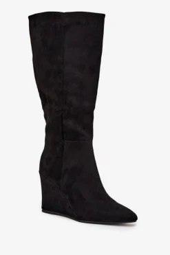 Boto Ocieplane Kozaki Damskie Na Koturnie Czarne Rosina Czarny