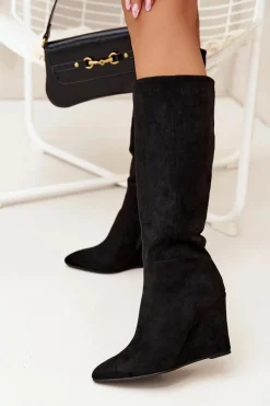 Boto Ocieplane Kozaki Damskie Na Koturnie Czarne Rosina Czarny