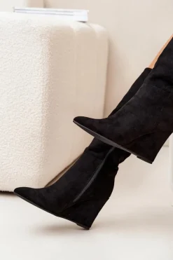 Boto Ocieplane Kozaki Damskie Na Koturnie Czarne Rosina Czarny