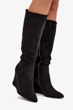 Boto Ocieplane Kozaki Damskie Na Koturnie Czarne Rosina Czarny