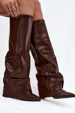 Kozaki Ocieplane|Kozaki Na Słupku></noscript>Boto Ocieplane Kozaki Damskie Z Wywiniętą Cholewką Na Słupku Czekoladowe Elivira Brązowy