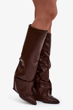 Kozaki Ocieplane|Kozaki Na Słupku></noscript>Boto Ocieplane Kozaki Damskie Z Wywiniętą Cholewką Na Słupku Czekoladowe Elivira Brązowy