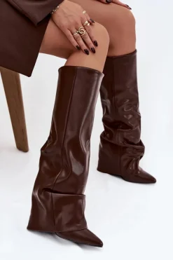 Kozaki Ocieplane|Kozaki Na Słupku></noscript>Boto Ocieplane Kozaki Damskie Z Wywiniętą Cholewką Na Słupku Czekoladowe Elivira Brązowy