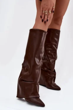 Kozaki Ocieplane|Kozaki Na Słupku></noscript>Boto Ocieplane Kozaki Damskie Z Wywiniętą Cholewką Na Słupku Czekoladowe Elivira Brązowy