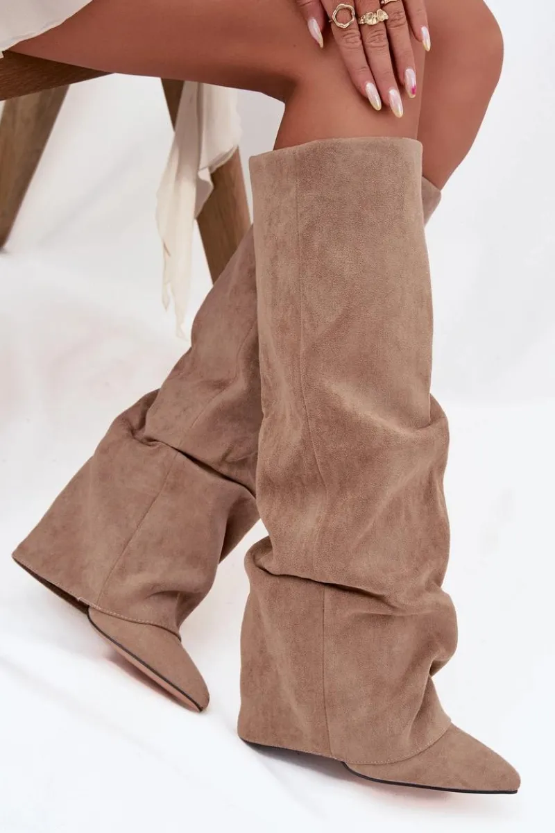 Best Ocieplane Kozaki Damskie Z Wywiniętą Cholewką Na Słupku Eko Zamszowe Beżowe Elivira Damskie Kozaki Ocieplane|Kozaki Na Słupku