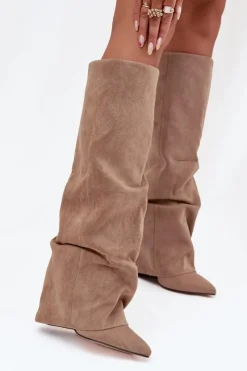 Best Ocieplane Kozaki Damskie Z Wywiniętą Cholewką Na Słupku Eko Zamszowe Beżowe Elivira Damskie Kozaki Ocieplane|Kozaki Na Słupku