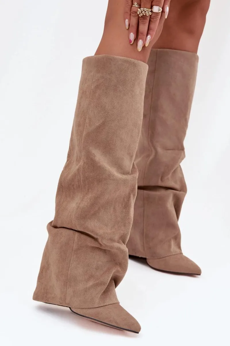 Best Ocieplane Kozaki Damskie Z Wywiniętą Cholewką Na Słupku Eko Zamszowe Beżowe Elivira Damskie Kozaki Ocieplane|Kozaki Na Słupku